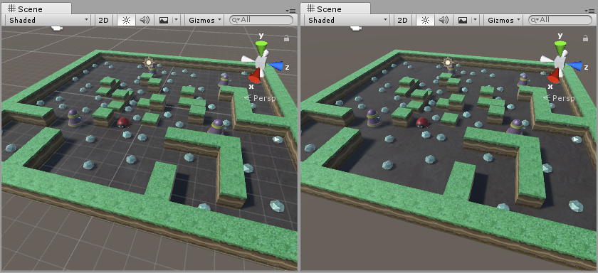 Left: Scene view grid is enabled. Right: Scene view grid is disabled.